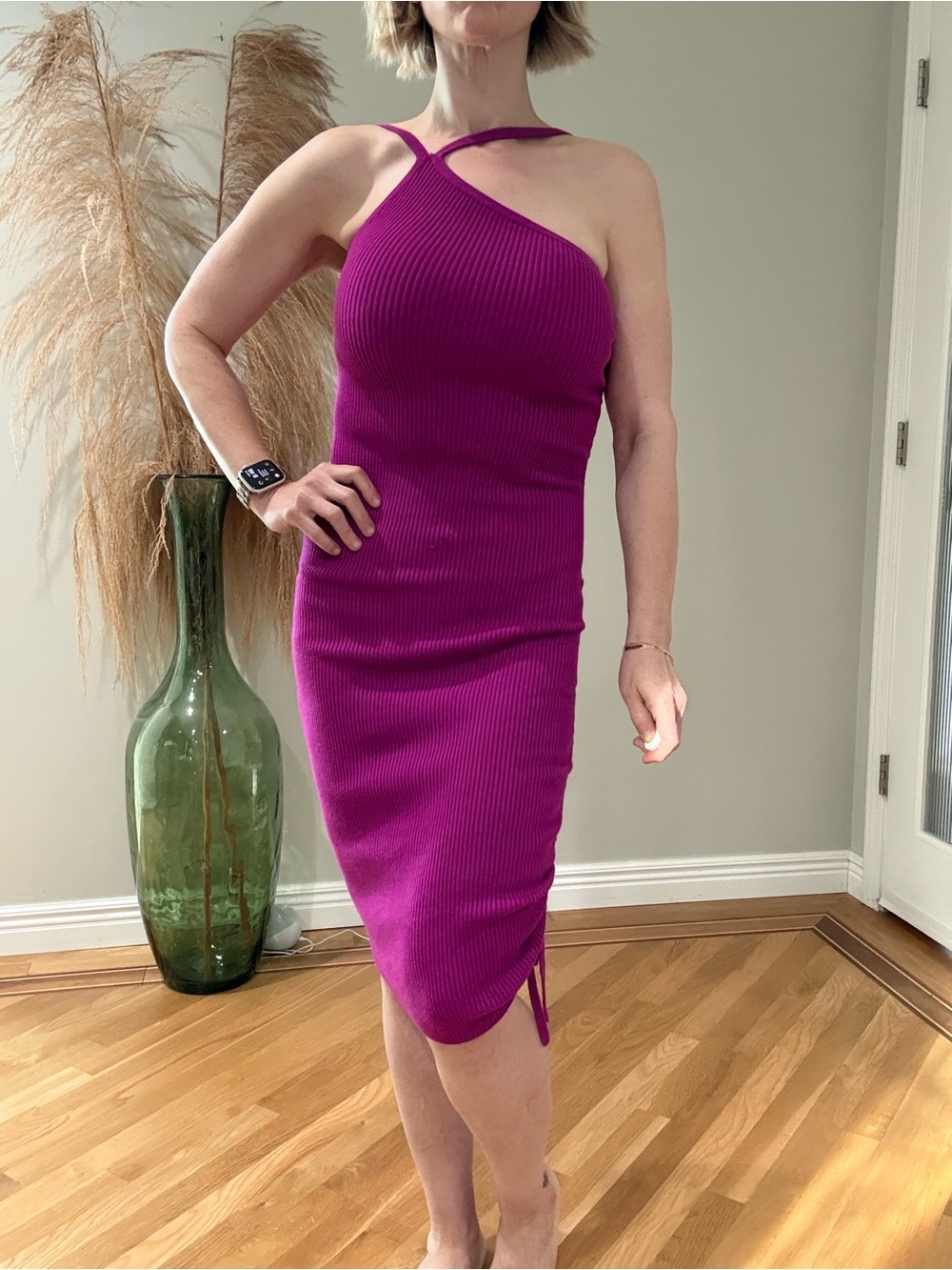 Guess One-Shoulder Ribbed Midi Dress in Fuchsia